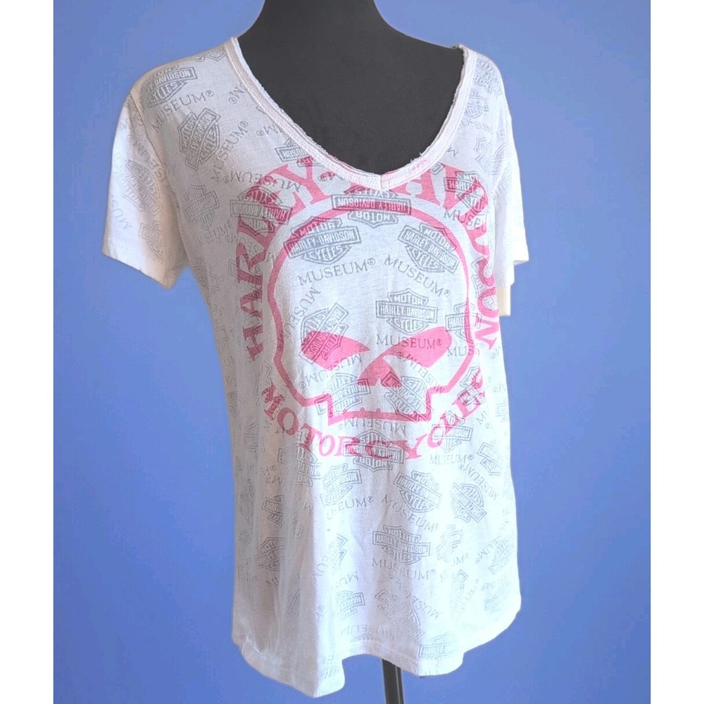 Harley Davidson Museum Burnout White Short Sleeve V-Neck T-Shirt Large EUC